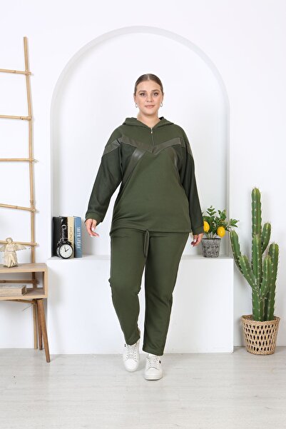 XL Modam 3 Κλωστές Χακί Κάτω-Κορυφή Κοστούμι για Γυναίκα Plus Size