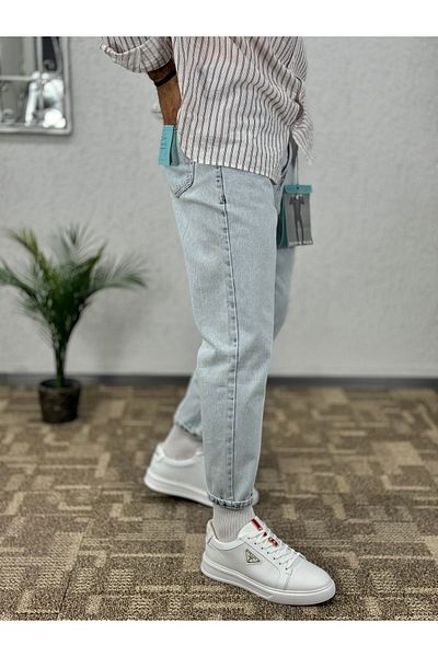 DENIM MAN Men's Ice Blue Boyfriend Patterned Jean Pants