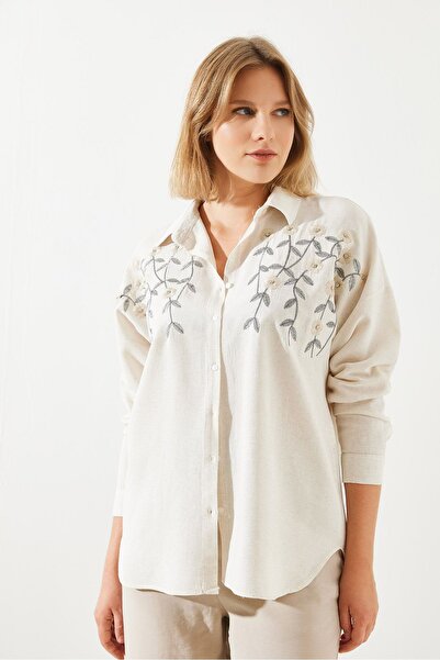 Bianco Lucci Long Sleeve Floral Embroidered Linen Women's Shirt - 60251783