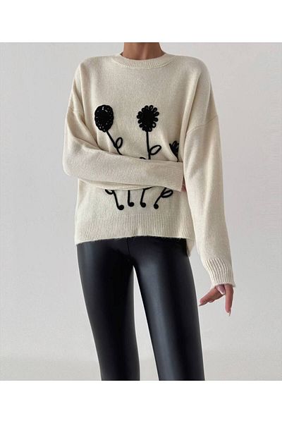 ASM Fashion Pulover alb cu broderie pentru femei
