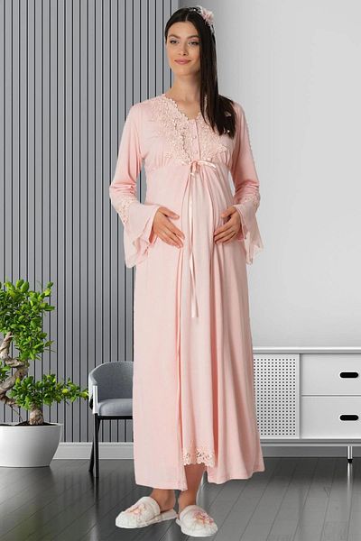 Mecit Pijama طقم أمومة بأكمام طويلة من القطن مكون من 4 قطع - ياقة بأزرار