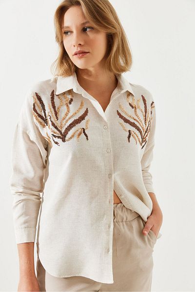 Bianco Lucci Long Sleeve Sequined Linen Women's Shirt - 60251782