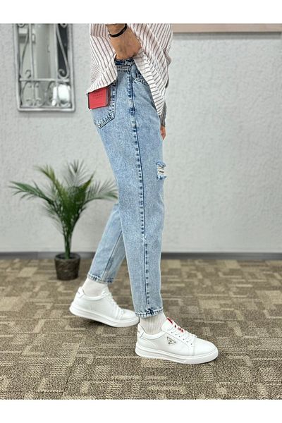 DENIM MAN Men's Ice Blue Boyfriend Ripped Detailed Jean Trousers