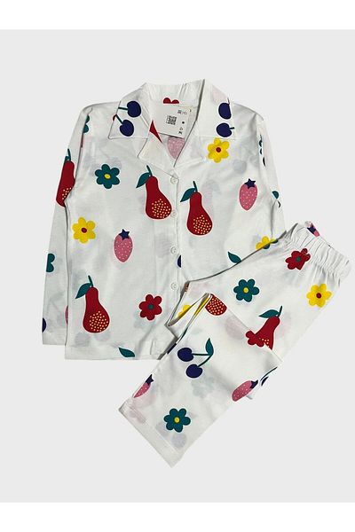 Fil Kids Set de pijamale pentru fetiță - alb cu căpșuni și cireșe, 100% bumbac, cu guler de cămașă