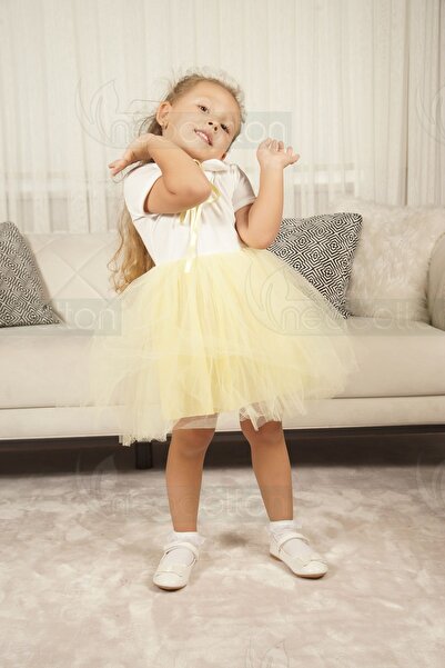 neocotton Kız Çocuk Bebe Yaka Kısa Kollu Astarlı Tüllü Elbise