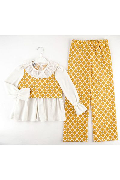 Guata KİDS Diamond Patterned Sweater Detailed Scallop Collar 6-8-10-12 Years Old Girl's Bottom-Top Set
