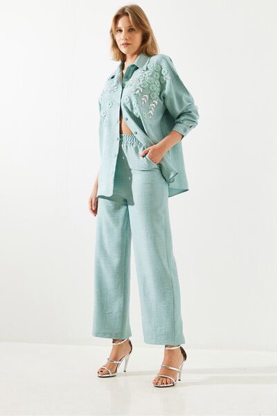 Bianco Lucci طقم كتان كبير الحجم - تطريز منقوش بالزهور، MBMS029 60501029