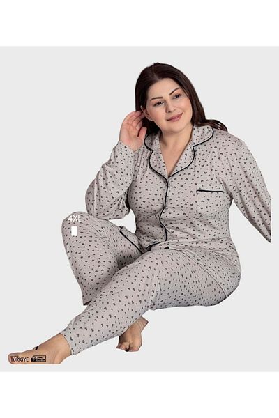 tusem butik homewear Γυναικεία - Σετ πιτζάμες με πέτο πουκάμισο με μοτίβο καρδιάς από 100% βαμβάκι, μακρυμάνικο με κουμπιά, μακρυμάνικο