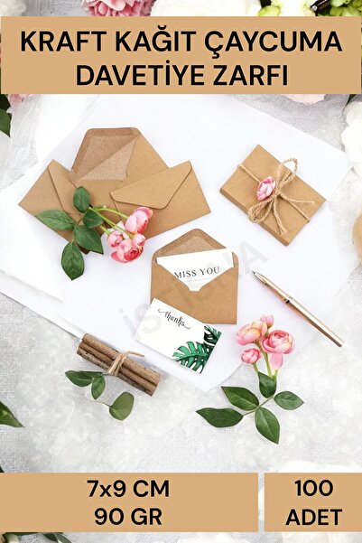 İstisna 100 Adet 7x9Cm Kahverengi Çaycuma Kraft Zarf Düğün Davetiye Lüks Tebr...