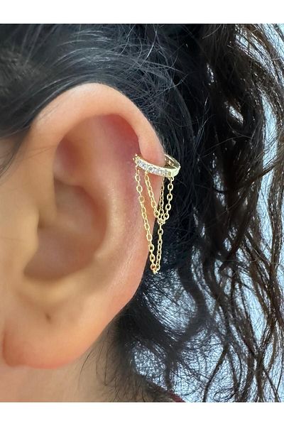 Arescollection Zircon Full Lap - Rhinestoned 2 Row Chained Helix Cartilage Earlobe Compatible Ring Piercing Earrings