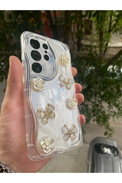 AQUA AKSESUAR Samsung Galaxy S24 Ultra Uyumlu Kılıf 5D Kabartmalı Kelebek Çiçek Desenli Kenarları Şeffaf