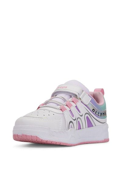 Nstil Pantofi alb roz unisex pentru copii - dantela cauciuc din piele lacuita, varf oval cu velcro 020