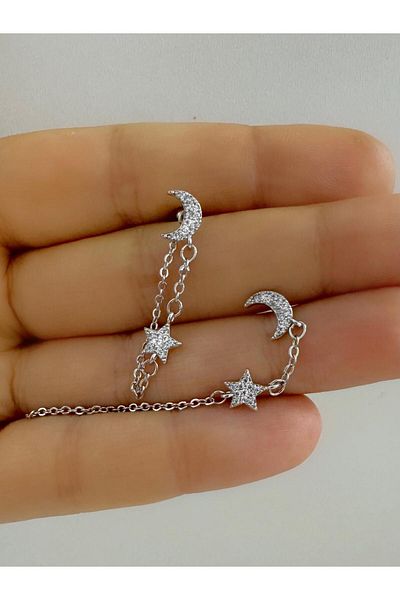 Arescollection Zircon Stone Crescent Star Chain - 1 Piece Helix Cartilage Earlobe Compatible Ring Piercing Earrings