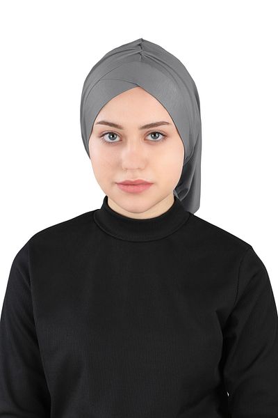 Ecardin Isra Series Comfortable Cross Turban - Pleated, Dark Gray - St 396