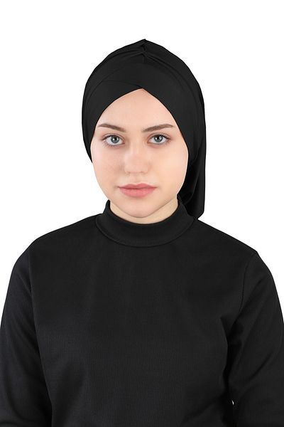 Ecardin Isra Series Comfortable Cross Turban - Pleated, Black St 396