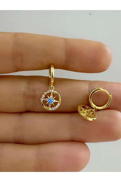 Arescollection Blue Zircon Jewelled Pole Star - Helix Cartilage and Earlobe, Matching Ring Piercing Earrings 1 Piece
