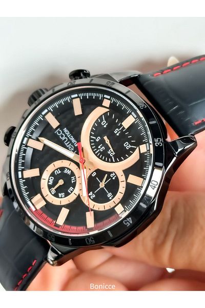 Ferrucci Black Leather Corded Men's Wristwatch and Rosary Bracelet - Gift