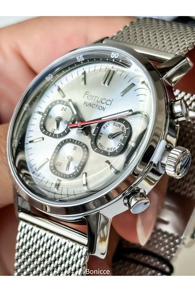Ferrucci Men's Wristwatch and Bracelet Rosary - Silver Colored Wicker Cord