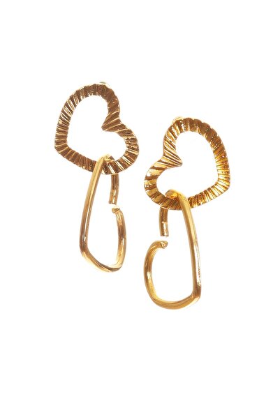 LABALABA Women's Gold Color Lacquer Plated Studded Model Double Heart Earrings