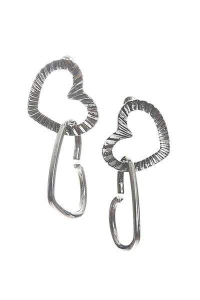 LABALABA Women's Silver Color Lacquer Plated Studded Model Double Heart Earrings