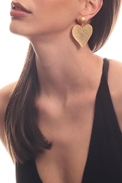 LABALABA Kadın Mat Altın Renk Kaplama Çivili Model Kalp Küpe