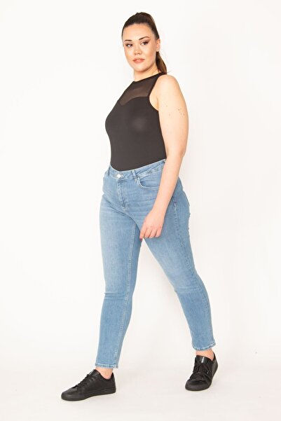 Şans Γυναικείο παντελόνι μεγάλου μεγέθους μπλε 5 τσέπες Lycra Slim Fit Jean 65n33008