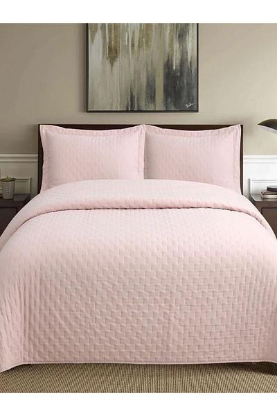 YGT Home Vera Velvet Bedspread Set - Double, Flounce Pillow, Powder 240X260