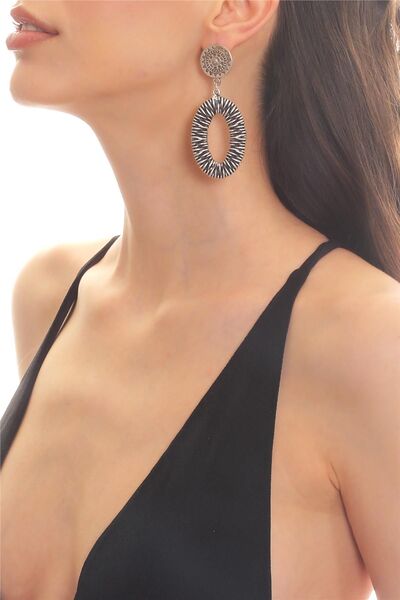 LABALABA Kadın Antik Gümüş Kaplama Çivili Model Oval Parçalı Tasarım Küpe