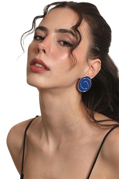 LABALABA Women's Silver Color Lacquer Plated Studded Model Midnight Blue Enamel Earrings