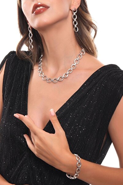 LABALABA Kadın Antik Gümüş Kaplama Elips Zicir Kolye & Bileklik & Küpe Set