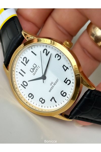 Q&Q Brand Black Leather Strap Waterproof, Men's Wristwatch + bracelet