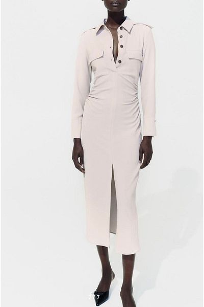 Butik Allbucks Zara، فستان متوسط الطول بفتحة أمامية وياقة بولو وخصر منسدل Abzr0053