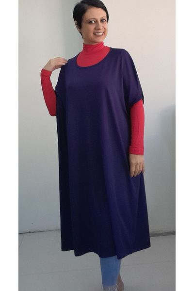 Mertcan Butik Μπλε Navy Viscose Hijab Tunic - Bat Elbow και χαλαρό χτενισμένο βαμβακερό φόρεμα