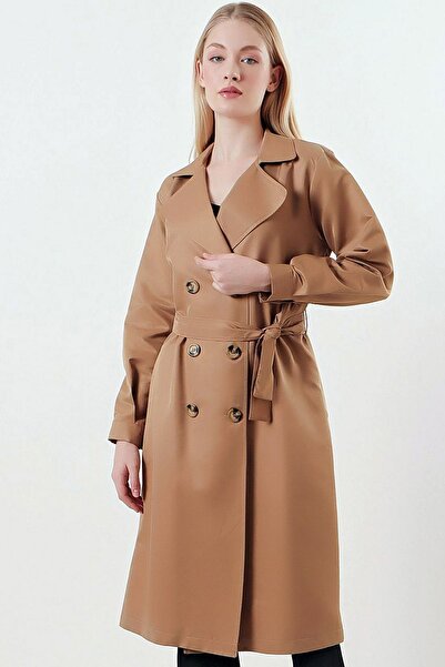 Ottawe Geniş Çentikli Ceket Yaka Düğmeli ve Kuşaklı Çift Cepli Rahat Kalıp Astarsız Tarz Diz Altı Trençkot