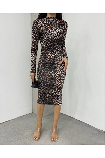 deqfashion Leopar Desenli Büzgülü Dik Yaka Midi Boy Elbise