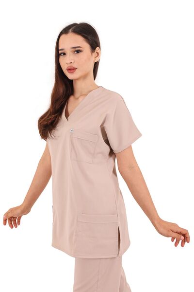 FORMACI KAZIM Krem Soft Likralı Unisex Hemşire ve Doktor Üniforma Sucrubs Takım