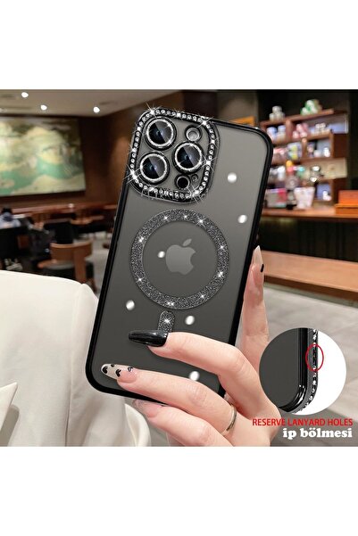 m.tk moveteck İphone 16 Pro Kılıf Tam Kamera Korumalı Parlak Şeffaf Magsafe Kenarları Taşlı Paraltılı Simli