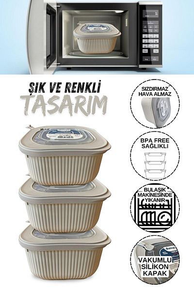 Manken İstanbul 3-Piece Storage Container 1800 ml Airtight Storage Container with Microwave Compatible Vacuum Silicone Lid