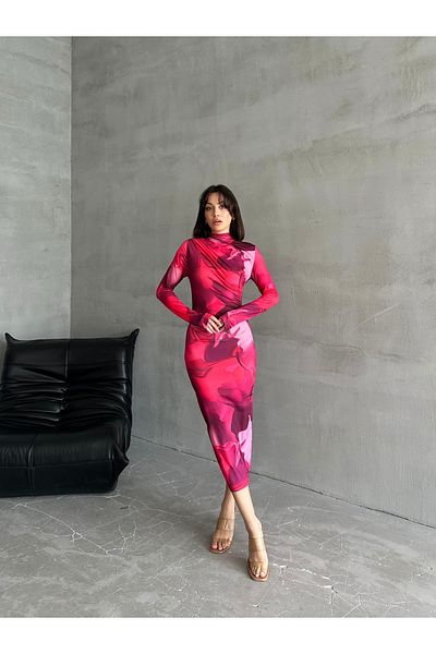 ELBEY Sandy Digital Printed Long Dress - Half Turtleneck, Gather Detail, Long Sleeve