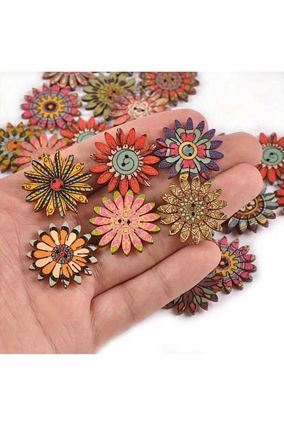 Beyna 2 cm Two Hole Board Painted Flower Button - Mixed Colors 10 Pieces 1 Pack