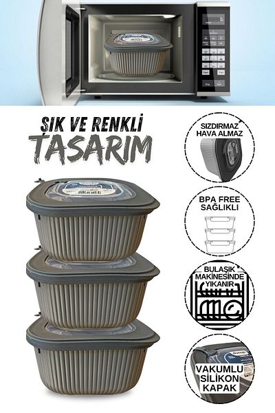 Manken İstanbul 3-Piece Storage Container 1800 ml Airtight Storage Container with Microwave Compatible Vacuum Silicone Lid