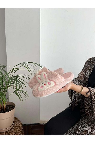Behtah Kundura Plush Rabbit Figured Women's Home Slippers - Thick Sole with Dowry and Bundle Detail, Noiseless