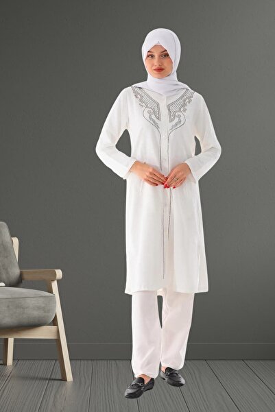 Genel Markalar Kadın Hac ve Umre Kıyafeti Pamuk Keten Vazo Desen Taş İşlemeli...