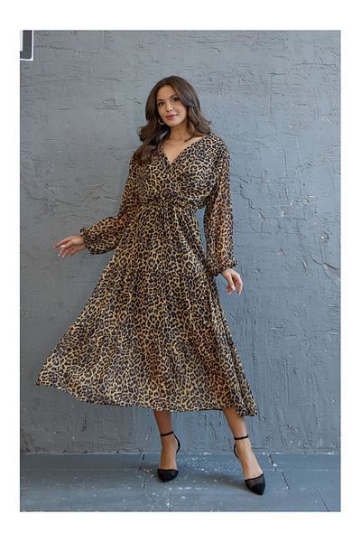 Elif Özbey Butik Φόρεμα σιφόν με λεοπάρ στάμπα με λαιμόκοψη