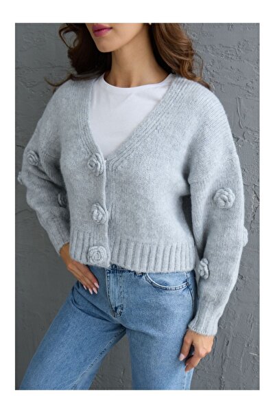 Elif Özbey Butik Γκρι Ζακέτα Snap - Λεπτομέρεια λουλουδιών Pompom