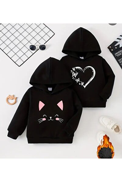 SeusCraft Дизайн с котешко сърце - 2-компонентна памучна детска блуза, черна ...