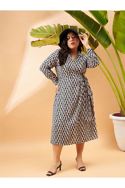 Sassafras By Styli Plus Geometric Print Wrap Midi Dress