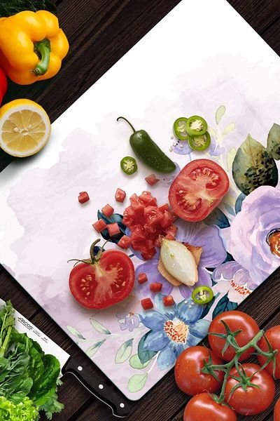 Decovetro لوح تقطيع زجاجي بنمط زهرة أرجوانية وحامل عرض - 30x40 سم