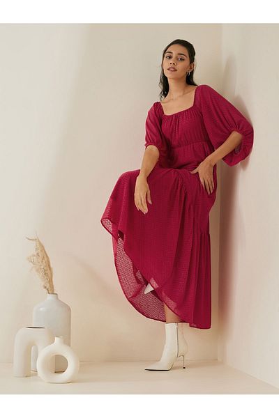 Femmella By Styli Square Neck Dobby Tiered Maxi Dress