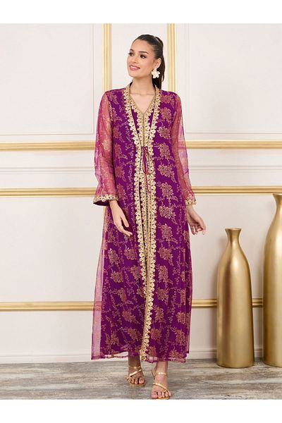 Maxim Creation By Styli Foil Print Embroidered Lace Detail Belted Kaftan